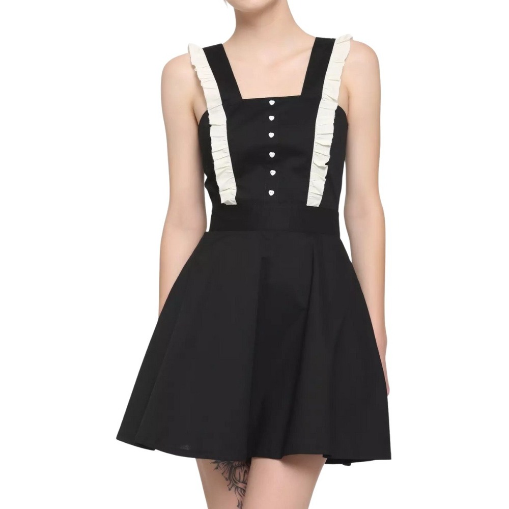 Hot Topic Dress Medium Black Cream Ruffle Heart Button Fit Flare Skater Pockets
